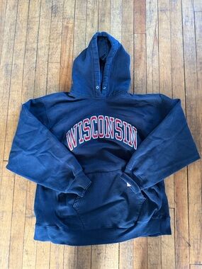 Vintage Thick Cotton Wisconsin Hoodie Navy Blue Unisex L